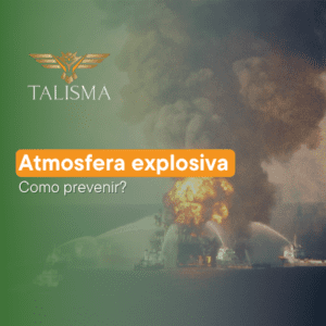 Imagem de uma plataforma em chamas após uma explosão. Ao lado, há o texto “Atmosfera explosiva, como prevenir?."