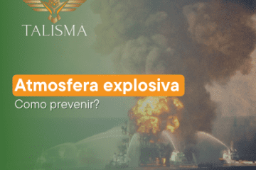 Atmosfera explosiva - como prevenir? 7 Imagem de uma plataforma em chamas após uma explosão. Ao lado, há o texto “Atmosfera explosiva, como prevenir?."