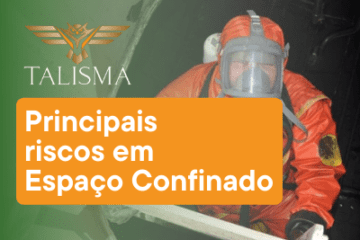 Principais riscos em espaço confinado 7 Imagem de um homem com máscara, respirador e macacão laranja dentro de um espaço confinado. Ao lado, há o texto “principais riscos em Espaço Confinado."