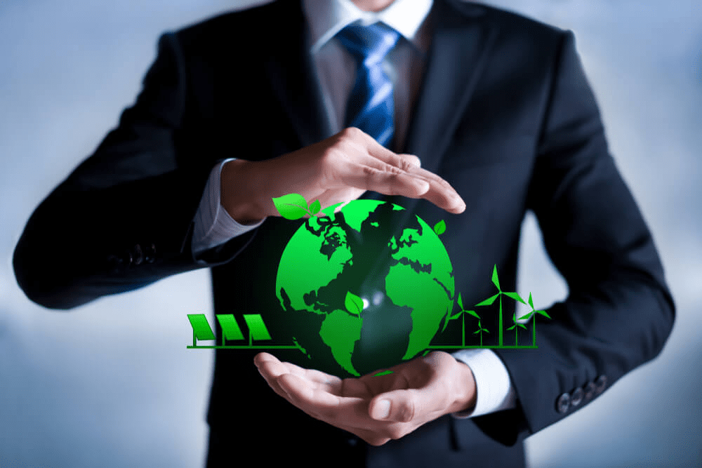 Imagem empresarial enfatizando a responsabilidade socioambiental no setor.
