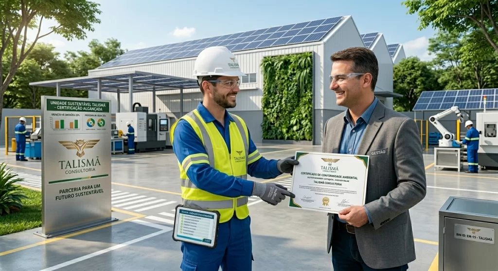 Gestor industrial recebendo certificação de práticas sustentáveis após consultoria da Talismã