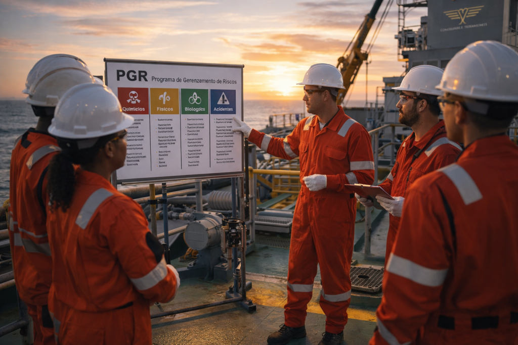 equipe offshore realizando briefing do PGR programa de gerenciamento de riscos em ambiente marítimo