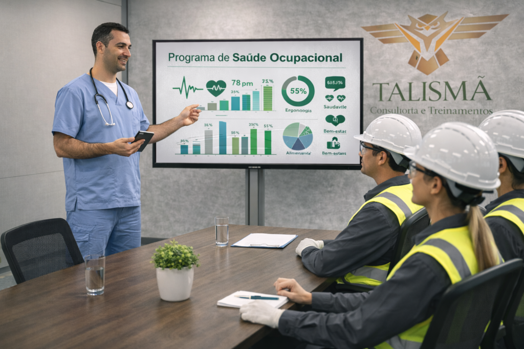 Invista na saúde ocupacional e bem-estar dos colaboradores 4 especialista apresentando programa de saúde ocupacional para colaboradores em ambiente corporativo