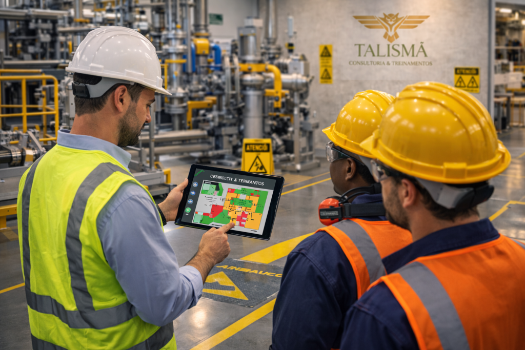 engenheiro realizando mapeamento de riscos no trabalho em ambiente industrial
