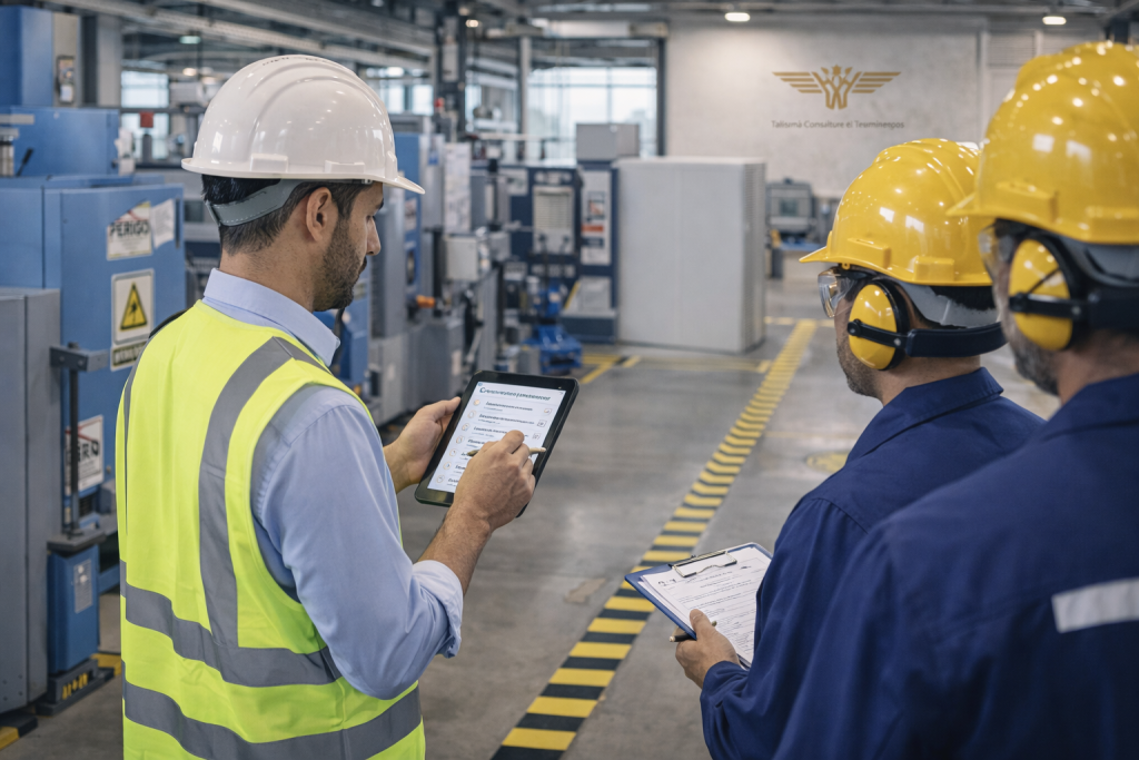 equipe realizando etapas do mapeamento de riscos no trabalho em ambiente industrial
